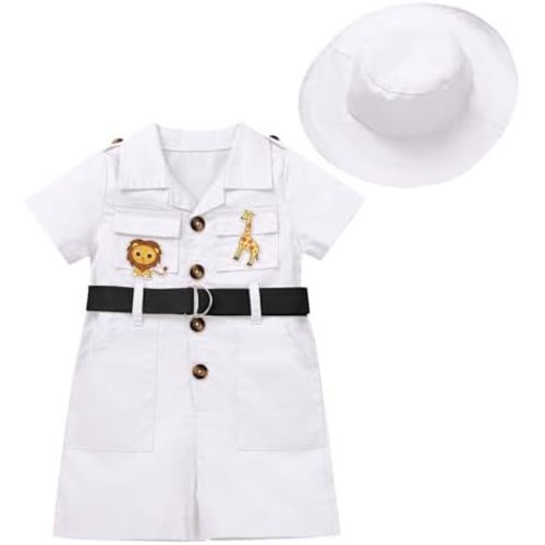 ABAFIP Baby Girl Toddler Boy Safari Birthday Outfit Short Sleeve One Piece Romper Jumpsuit with Belt Hat