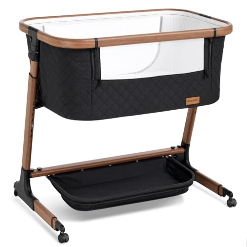 ANGELBLISS Electric Baby Bassinet Bedside Sleeper with Auto Rocking, Remote/Touch Control, 3 Timer Modes, 12 Sounds, 6 Heights, Storage & Wheels (Black) | Breathable Mesh