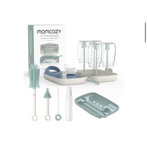 Momcozy Bottle Brush Set - Baby Bottle Cleaner Kit with Silicone Brush, Nipple Brush, Straw Brush, Soap Dispenser, Drying Rack - 7 in 1 Bottle Cleaning Tool for Home and Travel, Green