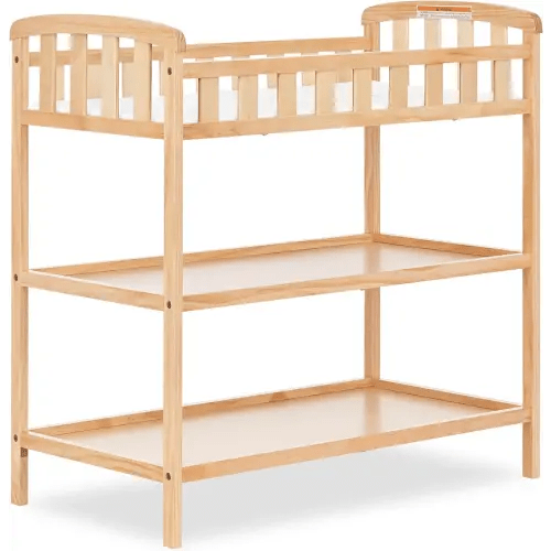 Dream On Me Emily Changing Table, Compact and Lightweight, Solid New Zealand Pinewood, Elevated Safety Rails, Two Storage Shelves, Includes Water-Resistant 1" Changing Pad — Natural
