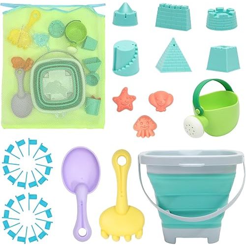 Beach Toys Sand Set for Kids, Collapsible Bucket and Shovels with Mesh Bag, Molds, Flags, Sandbox Kids Toddlers, Travel (Tavel Size)