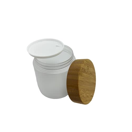 Empty Bamboo Lid Jar 8oz/250g,Refilable Plastic Round Cosmetic Containers for Powder,Body Butter,Cream,Lotion,Wide Mouth Makeup Sample Storage Pot Dispenser(Frost)