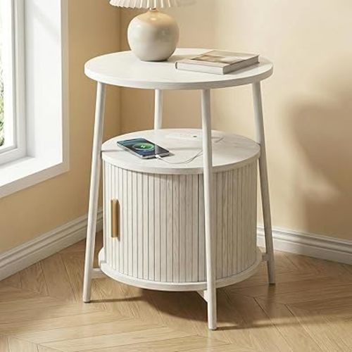 Round End Tables with Drawer,Fluted Side Table with Charging Station,Mid-Century Modern Nightstand with Sliding Door for Small Space Storage,Living Room,Bedroom(White)