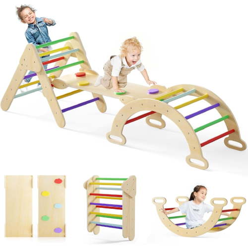 OLAKIDS Climbing Triangle Set, 5 in 1 Kids Wooden Montessori Climber Toy with Ramp Ladder Arch Slide for Gym Playground, Indoor Outdoor Climb Activity Jungle Play Structure for Toddlers 1-3