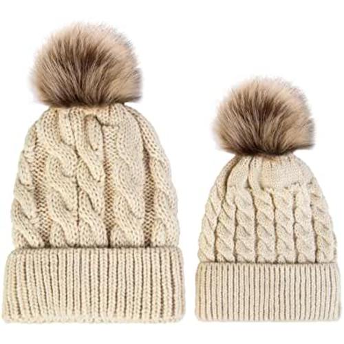 2 Pack Parent-Child Winter Hats for Women Warmer Soft Mom Baby Knit Hat Set Slouchy Beanie with Pom Pom