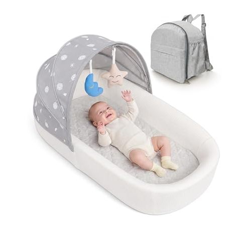 Portable Newborn Nest Lounger with Canopy & Mosquito Net-Lightweight Foldable Newborn Play Support & pad and Washable Cover, Indoor-Outdoor Use (Grey)