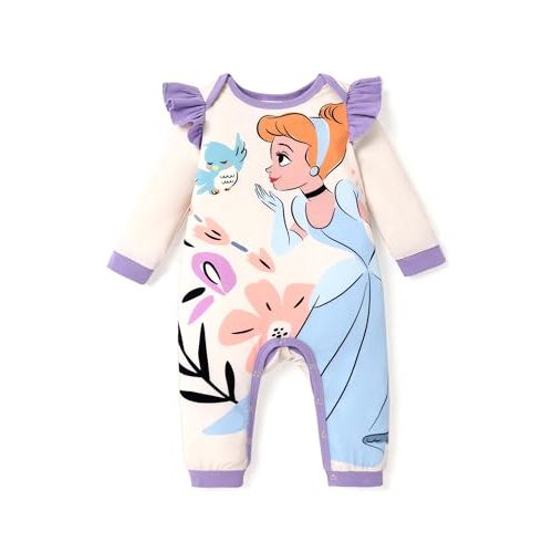 Disney Stitch Princess Cinderella Ariel Minnie Winnie Baby Girls Ruffle Long Sleeve Romper Bodysuit for Newborn to Toddler