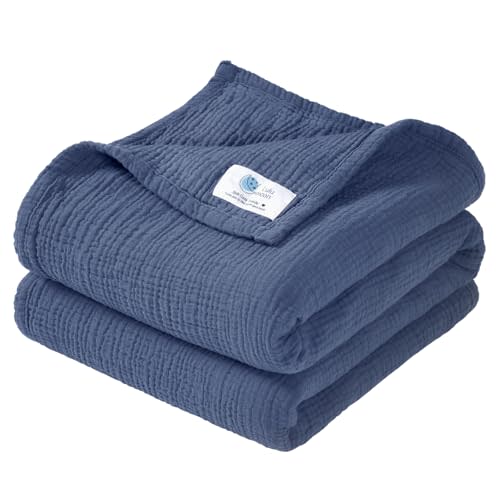 lulumoon Muslin Baby Blanket for Boys: 4-Layer Soft Cotton Toddler Blanket for Daycare - Lightweight Crib Bedding for Stroller & Travel 47"x47"(Blue)