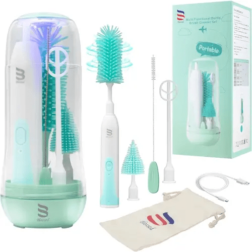 Electric Bottle Brush Cleaner with UV Light, Rechargeable Baby Bottle Brush Set for Travel, Waterproof Baby Bottle Cleaner with 2 Brush Head, Straw Brush, Pouch, Mixing Head and Storage Box