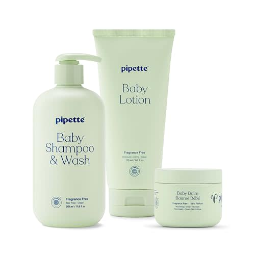 Pipette Fragrance Free Baby Essentials Set, Pack of 3, Includes Balm and Fragrance-free Lotion and Shampoo + Wash, Gentle Tear-Free Newborn Baby Bath Essentials, Non-Toxic, Hypoallergenic