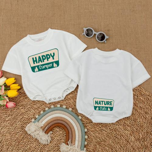 Happy Camper Romper, Nature Calls Bodysuit, Adventure Baby Outfit, Camping Vacation Shirt, Hiking Baby, Bubble Romper, Infant Baby Clothes