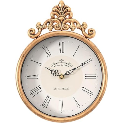 Small Retro French Decorative Wall Clock, Antique Gold Vintage Boho Style, Battery Operated Silent Decor Wall Clocks for Farmhouse,Bathroom,Bedroom,Kitchen(10.23" H x 7.87" W)
