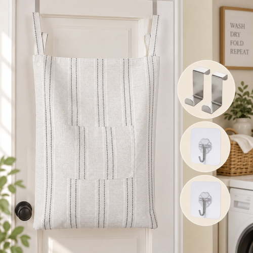 AELS Farmhouse Hanging Laundry Hamper with 2 Hooks, Boho Striped Laundry Bag with Zipper & Wide Opening, Over-the-Door Organizer for Clothes, Space-Saving Storage, Beige & Gray