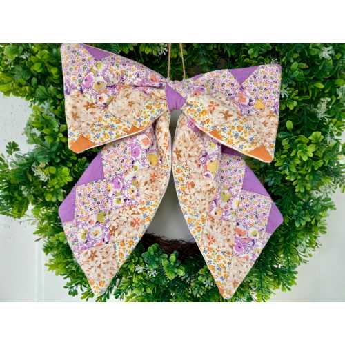 Bow - Vintage Quilt, Farmhouse Cottage Door Wreath Decor, Sherbet Pastel Colors - Handmade fabric bow, quilted peg hanger bow
