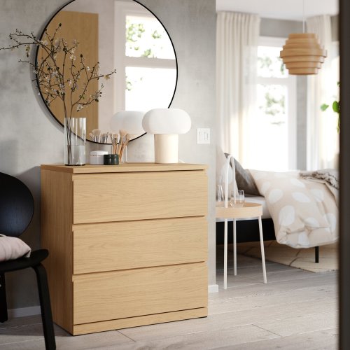 STORKLINTA 3-drawer dresser - oak effect/anchor/unlock function 27 1/2x18 7/8x29 1/2 "