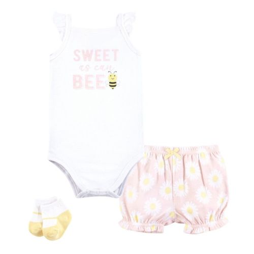 Hudson Baby Infant Girls Bodysuit, Short and Sock, Bee Pink Daisy, 0-3 Months