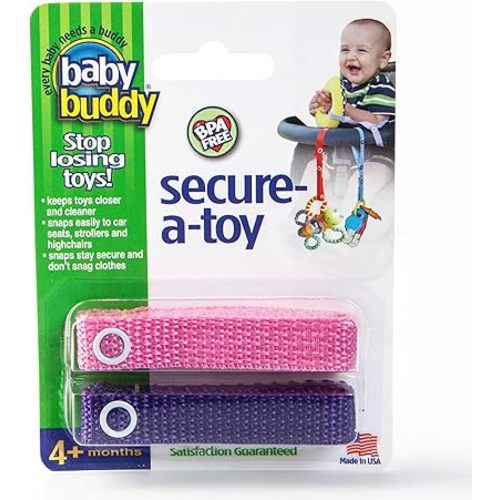 Baby Buddy Secure-A-Toy, Safety Strap Secures Toys, Teether, or Pacifiers to Strollers, Highchairs, Car Seats, Adjustable Length to Keep Toys Sanitary Clean, Registry Must Haves, Pink-Purple, 2 Count
