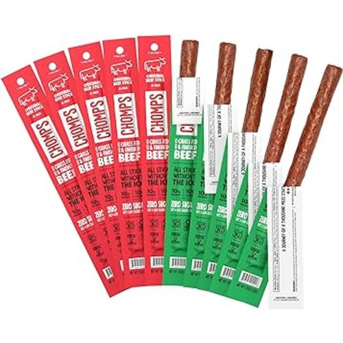 CHOMPS Grass Fed Beef Jerky Sticks, Variety Pack, 10 Sticks: (5) Original Beef, (5) Jalapeno Beef…
