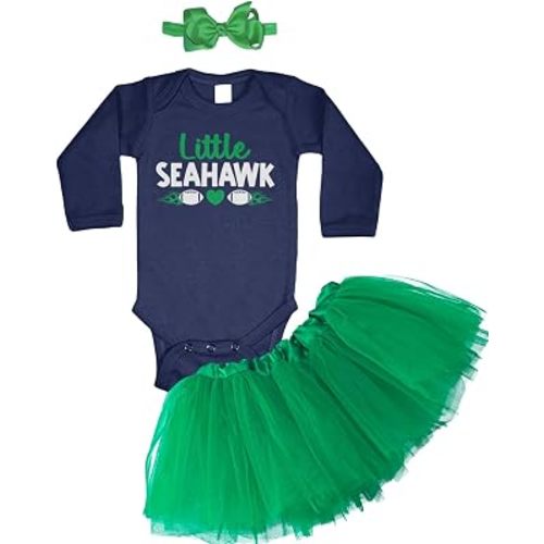 Haase Unlimited Little Seahawk - Funny Washington Sports Baby Bodysuit + Tutu Skirt + Bow Headband Set