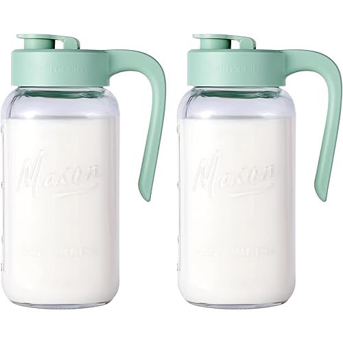 Spreccio Mason Jar Pitcher - Airtight & Leakproof Glass Pitcher with Lid[set of 2], Perfect for Breastmilk, Cold Brew, and Sun Tea, 2 Quart (64 oz) Mason Jar with Pour Spout Lid