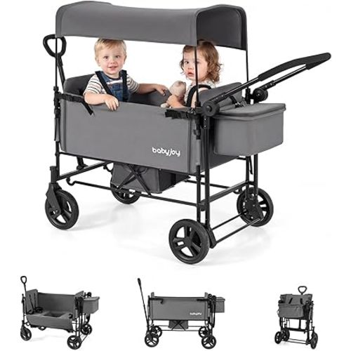 BABY JOY Wagon Stroller for 2 Kids, Foldable Side-Unzip Stroller Wagon with Adjustable Push/Pull Handle, Removable Canopy, Storage Bag, Harness & All-Terrain Wheels for Zoo, Beach & Travel (Gray)
