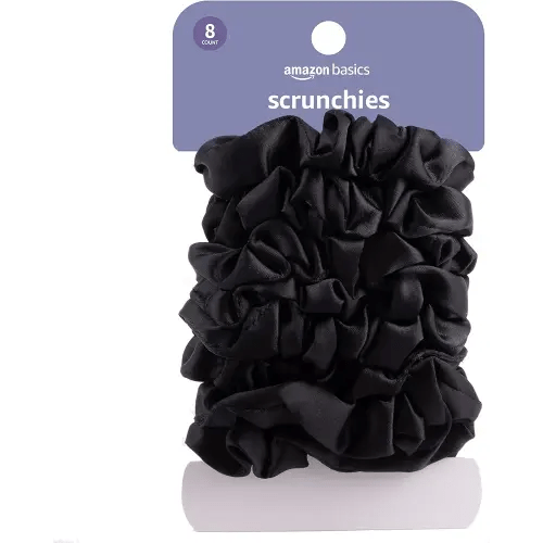 Amazon Basics Satin Scrunchies Black Hair Ties, Pack of 8