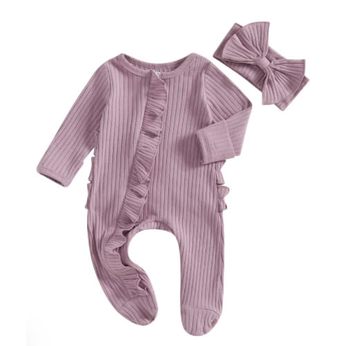 Ribbed Ruffle Footie Set - Purple