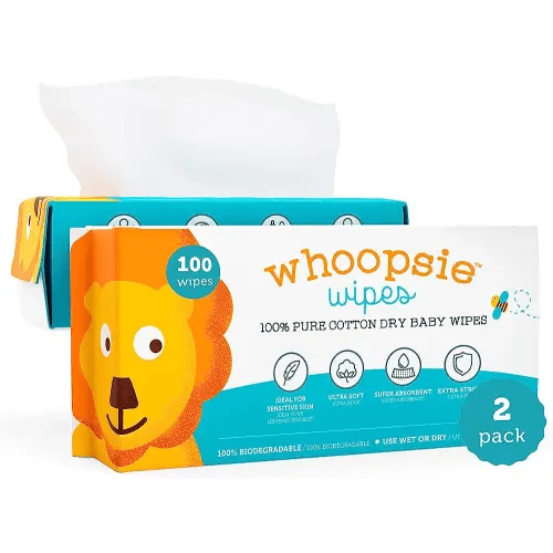 Whoopsie Wipes – The Original 100% Pure Cotton Dry Baby Wipes – Ultra Soft, Unscented, Chemical-Free Wipes for Sensitive Skin – Use Dry or Add Water for Wet Wipes – 2 Packs (200 Count).