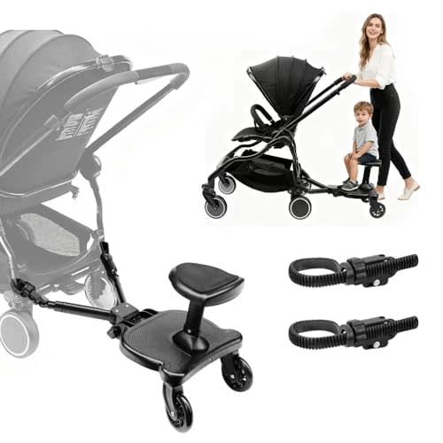 Newly Upgraded 2 Child Stroller Board, Rubber Locking Buckle, 2-in-1 Universal Stroller Board with Detachable Seat, Raised and Widened Base, Holds up to 55 lbs for Kids Aged 3-7
