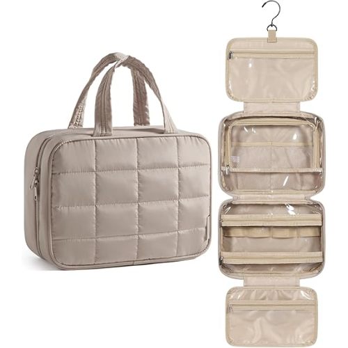 BAGSMART Travel Toiletry Bag for Womne, Hanging Travel Bag for Toiletries, Puffy Makeup Cosmetic Bag Organizer, Carry-on Travel Accessories Essentials, Camel