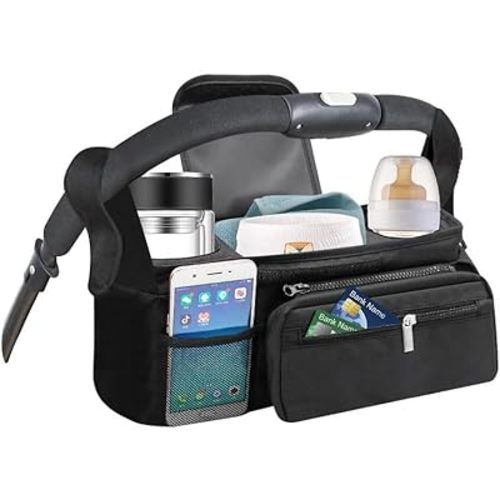 PandaEar Universal Stroller Organizer with Insulated Cup Holders, Parent Console Caddy with Detachable Shoulder Strap & Phone Pouch, Large Capacity Stroller Accessories Bag