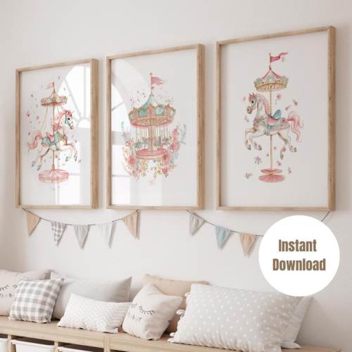 Floral Carousel Horse Girl Nursery Bedroom Wall Art set, Pink Turquoise Nursery Prints, Animal Nursery Art Prints, Baby Shower Birthday Gift