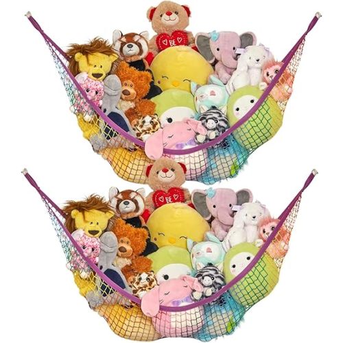 Lilly's Love Large Stuffed Animal Hammock | Corner Hanging Organizer, Stuffed Animal Storage | Easy to Hang Plushie Net w/Included Anchors & Hooks | Cute Room & Bedroom Decor (Rainbow, 2 Pack)