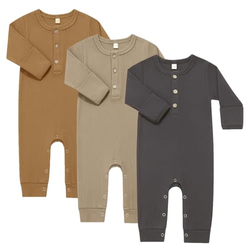 Bafeicao Baby Boy Girl 3 Pack Solid Romper Ribbed Cotton Long Sleeve Jumpsuit Infants Outfits Clothes with Mitten Cuffs