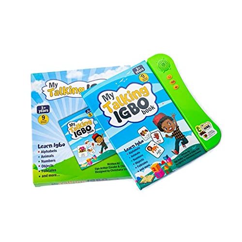 My Talking Igbo Book, Press Play & Listen; A vividly illustrated Igbo Children's learning toy sound book. It has alphabets, numbers, body parts, family, occupations, cultural titbits, folktales, etc.