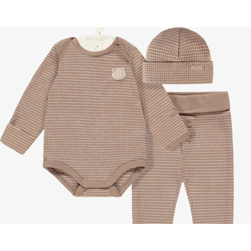 SET WITH BEIGE BODYSUIT, PANTS AND HAT, NEWBORN (3-6 mois)