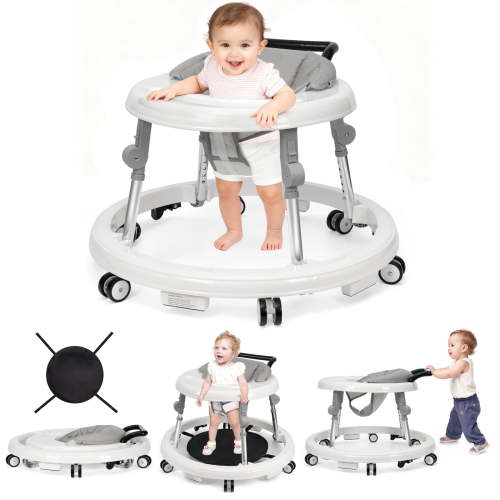 Baby Walker, Portable/Foldable/9 Adjustable Heights/with Wheels/Non-Slip Placement for 6-12 Months, White