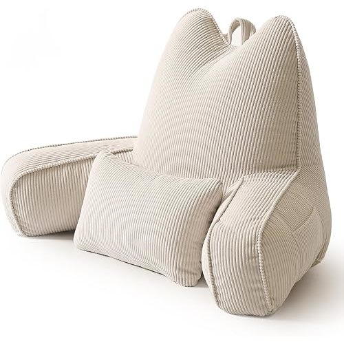 Patented Design Reading Pillow with Arms for Sitting Up, 2-in-1 Bed Rest Pillow with Detachable Lumbar Support, Backrest Support Cushion for Couch with Side Pockets & Handle, Beige Gray