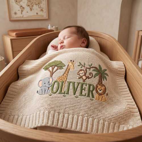 Personalized Embroidered Lion Baby Blanket Name - Custom Name Knit Giraffe Safari Newborn Gift, Gift for Baby Boy, Welcome Baby Blanket