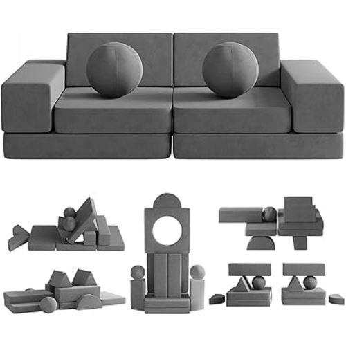 12PCS Modular Kids Play Couch with 2 Balls and Tunnel, Toddler Play Couchs for Playroom, Modular Play Couchs for Kickball Game, 30+ Creative Gameplay(Dark Gray)