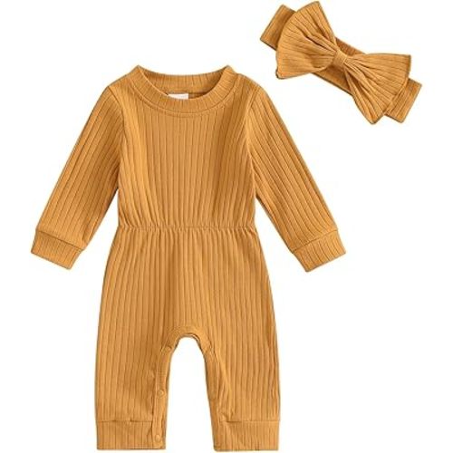 Newborn Baby Girl Fall Outfits Long Sleeve Ribbed Romper Jumpsuit with Headband Set Infant Girl Clothes
