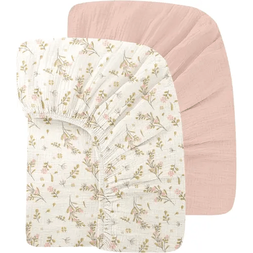 100% Organic Cotton Baby Crib Sheets Muslin 52x28 Inches 2 Pack Soft Fitted Crib Mattress Sheet for Baby Girls, Boho Toddler Bed Sheets Fits Well Standard Size Crib Mattress 28x52 Inches Floral & Pink