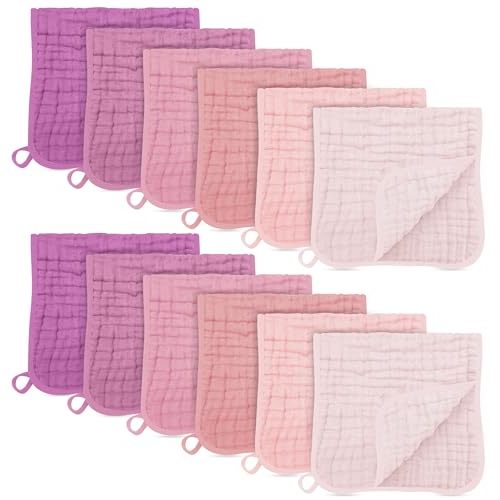SWEET DOLPHIN 12 Pack Muslin Burp Cloths Large 100% Cotton Burping Clothes for Baby Drool - Absorbent and Soft Boys & Girls Milk Spit Up Rags for Newborn Essentials Registry - Hibiscus Sunset