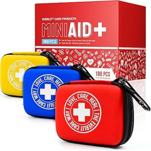 Mini-Aid First Aid Kit | Compact & Lightweight Case with Carabiners for Travel | Family & Kid Friendly 180 Pcs Wound Care Supplies for School, Work, Outdoor, Home & Office | Pack of 3