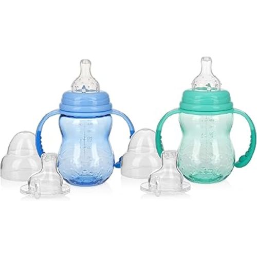 Nuby 3 Stage Tritan Wide Neck Grow with Me No-Spill Bottle to Cup, 8oz, 2 Count, Blue/Teal