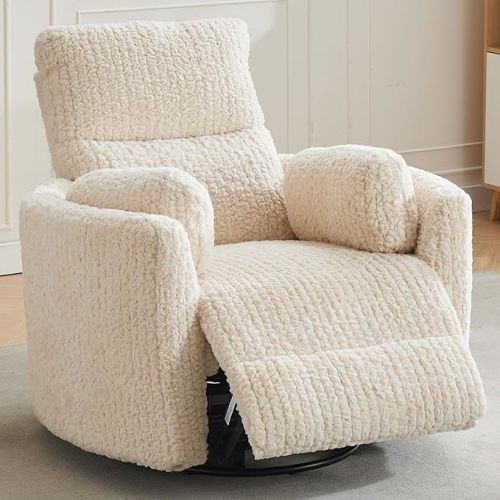 Nursery Rocking Chair, Boucle Upholstery Recliner with 2 Pillow, Swivel Glider Reclinerr, Power Reclining Sofa Chair for Living Room/Office/Apartment/Off-White