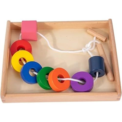 Adena Montessori Wooden Lacing with Tray Stringing Bead Set Toy,Montessori Wooden Beads Shape Sequencing Set for 1 2 3 Year Old Toddler,Fine Motor Skills Preschool Educational Learning for Kids Gifts