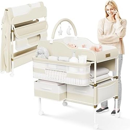 Portable Baby Changing Table with Wheels - Modern Dresser Changing Tables w/Hanging Toys, Laundry Bag, Changing Table Organizer Boxes - Folding Waterproof Baby Diaper Changing Station for Nursery
