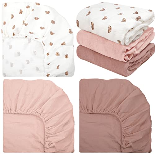 Newwiee 3 Pcs Muslin Crib Sheets for Girls and Boys 24'' x 38'' Cotton Soft Fitted Baby Bed Sheets for Crib Mattress(Classic)