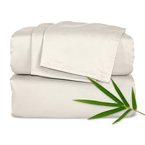 Pure Bamboo Queen Sheets, Genuine 100% Organic Viscose Derived from Bamboo Bed Sheet Set, Luxuriously Soft & Cooling, Double Stitching, Lifetime Quality Promise (Queen, Creme)